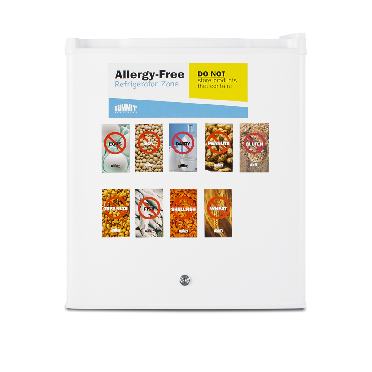 Commercially approved compact all-refrigerator in white, designed to serve as an allergy-free storage zone, with digital thermostat, keyed lock, and a set of allergy warning magnets